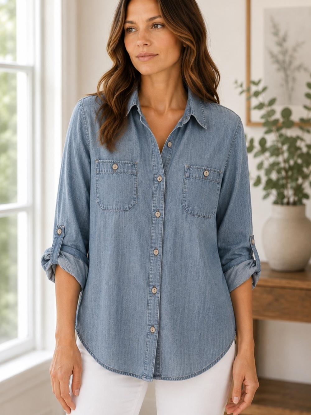 Canyon River Blues Chambray Button-Down Roll Tab Shirt Women’s M